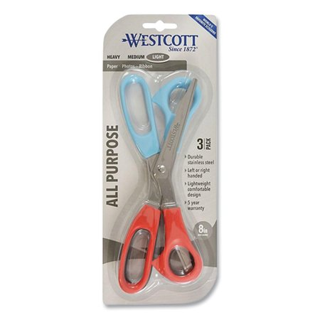 WESTCOTT Stainless Steel Scissors Three Pack, 8 in. Long, 3 in. Cut Length, Assorted Color Offset Handle, 3PK 13023/13403